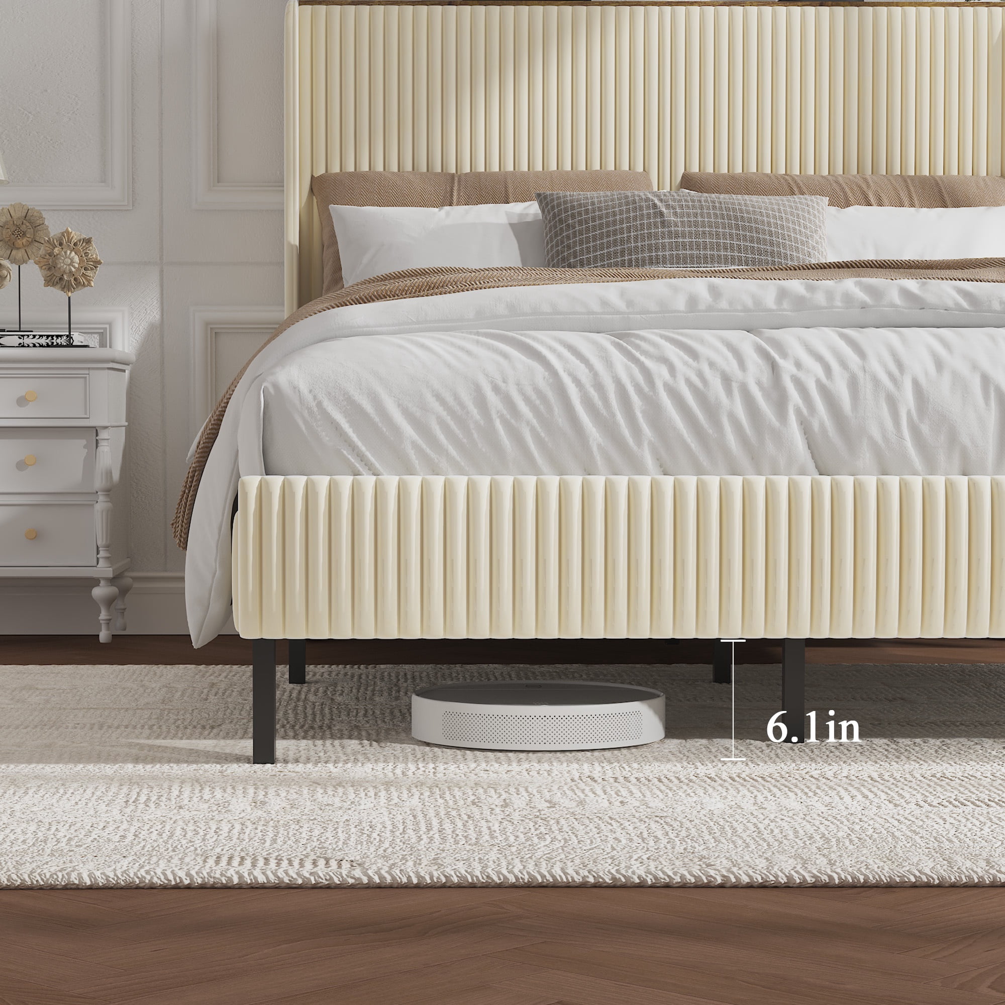 PORKISS Full Bed Frame with Storage Headboard, LED Lights & USB/Type-C Charging Station, Cream White Upholstered Platform Bed Frame, Heavy-Duty Metal Slats, No Box Spring Needed