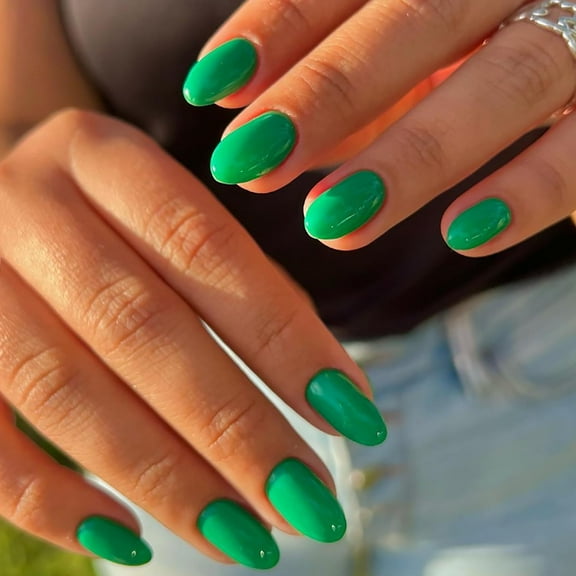 Green Press on Nails Almond Medium Solid Color Short Almond Fake Nails Glossy Almond Nails Full Cover Glue on Nails Acrylic Nails False Nails for Women and Girl 24Pcs Autumn Nails