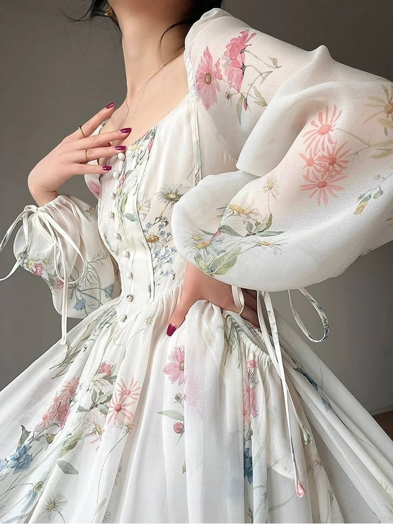 ワンピース French Bouquet Puff Sleeve Dress Elegant Puff Sleeve Floral Midi Dress: Summer V Neck French