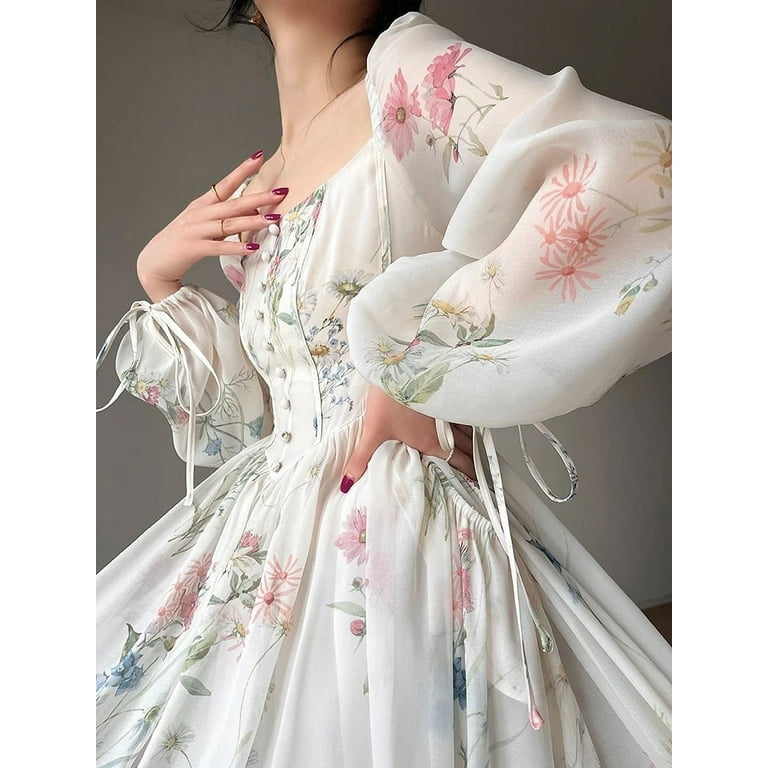 French Elegant Floral Midi Chiffon Long Sleeve Sundress French Elegant Floral Midi Chiffon Long Sleeve Sundress