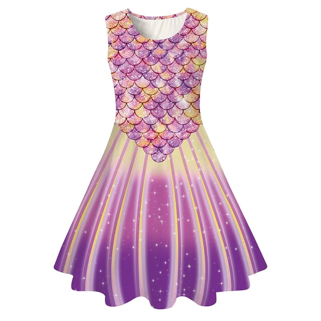 Robes de Printemps pour Filles Enfants Enfant Filles Été Colorées Imprimés Arc-en-Ciel Sans Manches Robe Décontractée pour Usage Quotidien et Fête Robe Tout-Petit Bleu 6 Ans-7 Ans