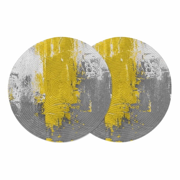 Yellow Cement Gray Round 13 Inch Placemats Set of 2, Modern Abstract Art Yellow HeatResistant Non Slip Place Mats for Dining Table, Wipeable Braided Kitchen Table Mats for Housewarming