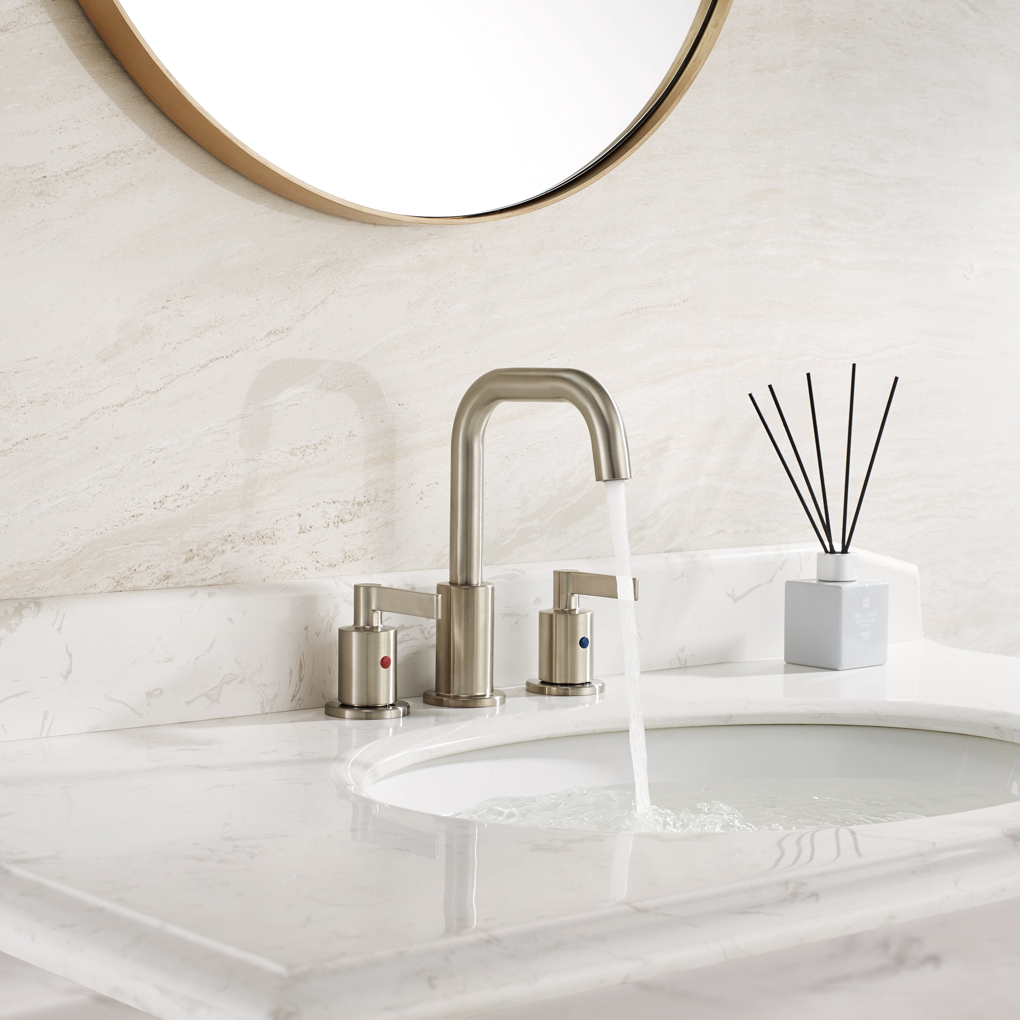 TimeArrow Brushed Nickel 2 Handle 8 inch Widespread Bathroom Faucet with Pop-Up Drain, Vanity Lavatory Faucet for Sink 3 Hole with Brass 360 Degree Swivel Spout