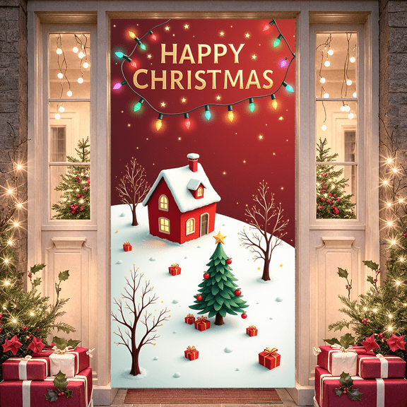 Decorative Design Happy Christmas Banner Holiday Lights Festive Elements Winter Wonderland Polyester Material for Holiday Celebration Indoor Decoration Party Background