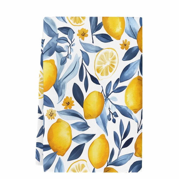 Yellow Lemon Kitchen Towels Set of 1, Absorbent Microfiber Dish Tea Towels with Hanging Loop, Blue Flower Leaves Spring Summer Plant Resuable Hand Towel for Home Kitchen Cooking Cleaning 18"x28"