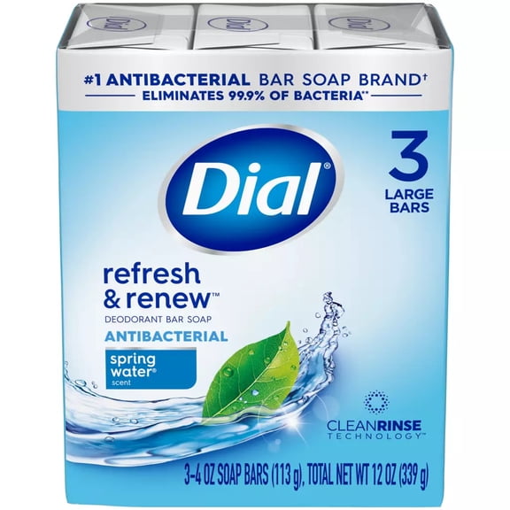 Dial Refresh & Renew Antibacterial Deodorant Bar Soap, Spring Water - 3 Bars / Pack, 1 Pack