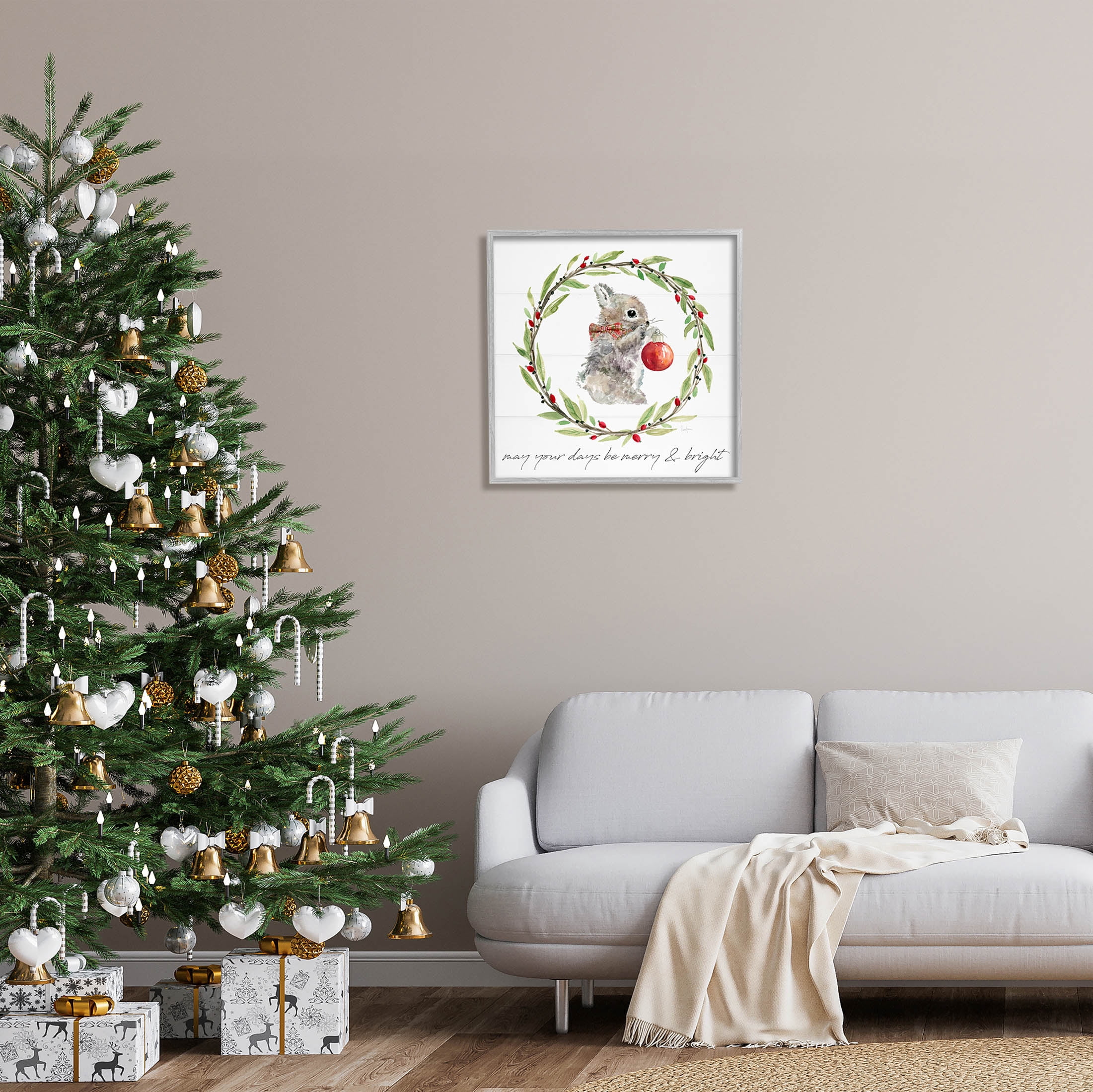 Stupell Industries Merry & Bright Bunny Wreath Graphic Art Gray Framed Art Print Wall Art, Design by Livi Finn