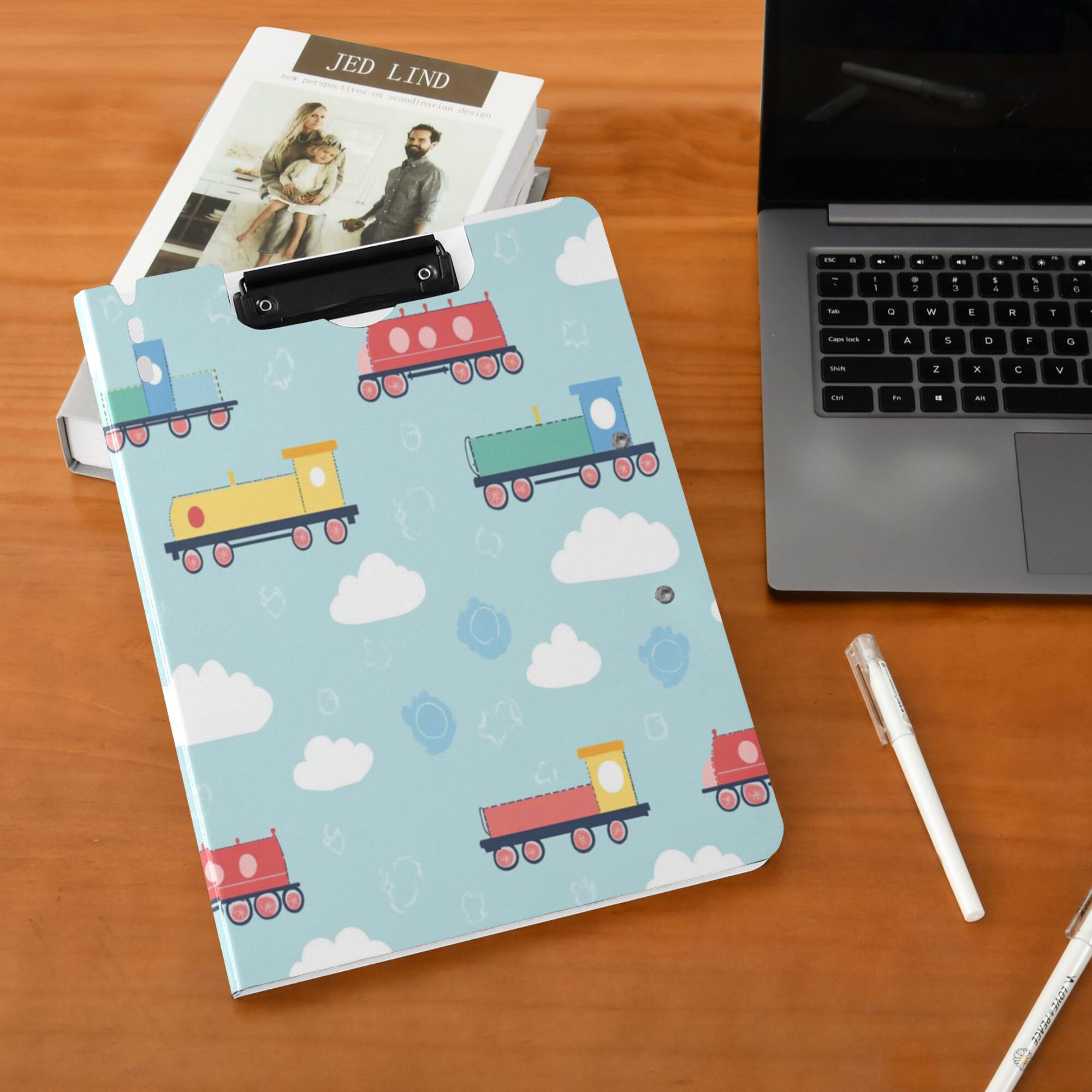 FORMRS A4 Clipboard Folder with Pen Holder Horizontal Foldable School Office Binder, Blue Trains Pattern