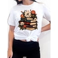 thumbnail image 2 of Camiseta de cuello redondo con estampado floral y de libros, manga corta informal para primavera y verano, ideal para adultos, hombres, mujeres, adolescentes, jóvenes y deportes., 2 of 8