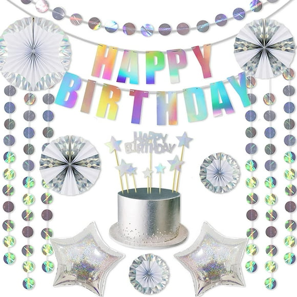 Décorations d'Anniversaire Iridescentes, Toile de Fond Serpentin à Pois Suspendus Holographique pour Anniversaire avec Bannière d'Anniversaire « Happy Birthday » Arc-en-Ciel Laser, Ballons en Feuille Étoile Argentée, Décor pour Fête d'Anniversaire