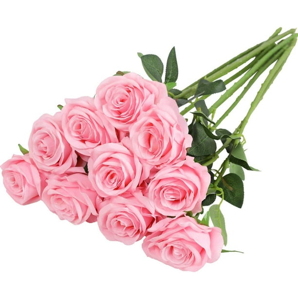 Artificiel Soie Rose Tige Unique une Fausse Rose Réaliste pour le Bouquet de Mariage Arrangements Floraux Décoration, 10pcs (Rose)