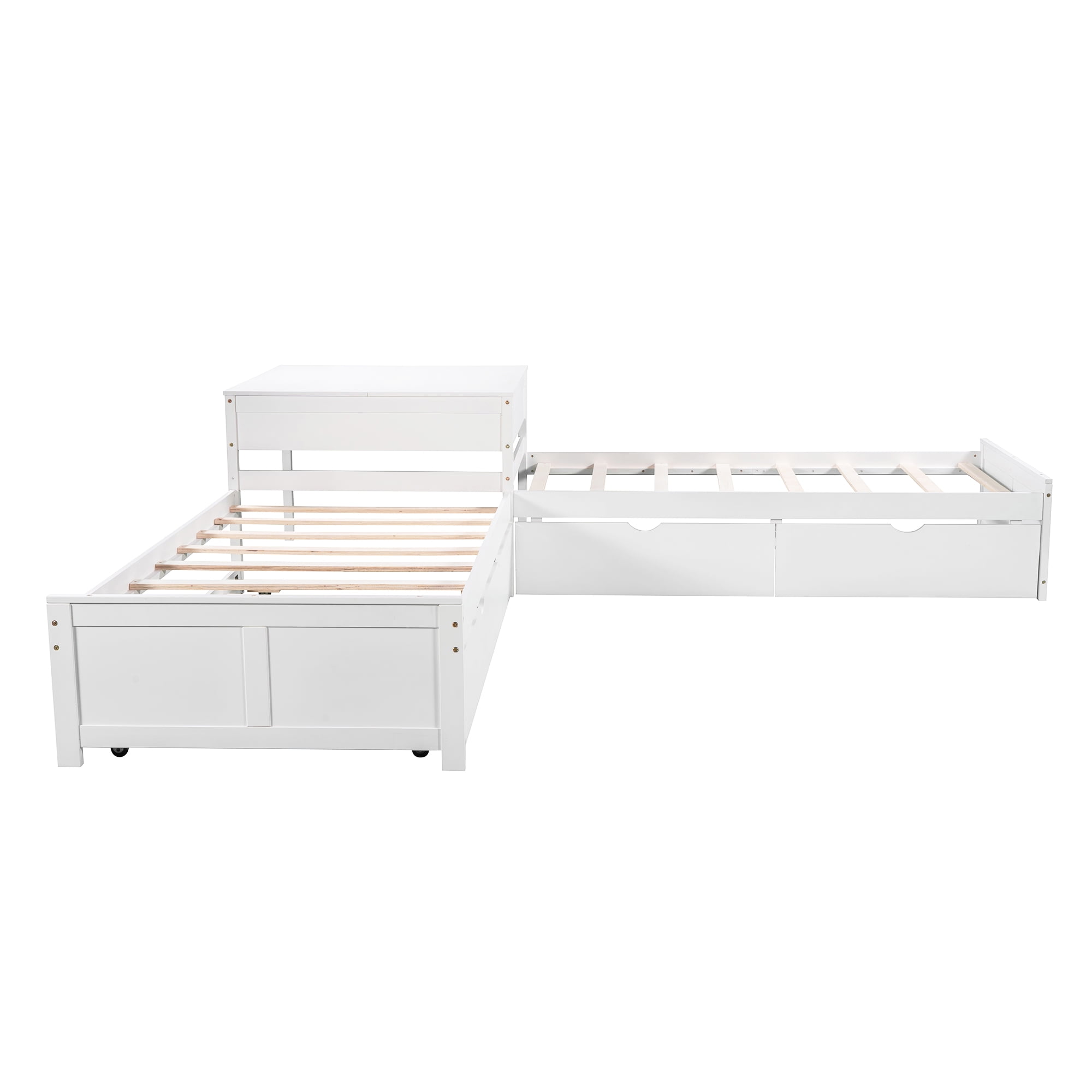 Euroco Pine Wood L-Shaped Twin Platform Bed with Trundle, 3 Beds in One for Bedroom, Trundle Bed with Drawers and Built-in Desk, White
