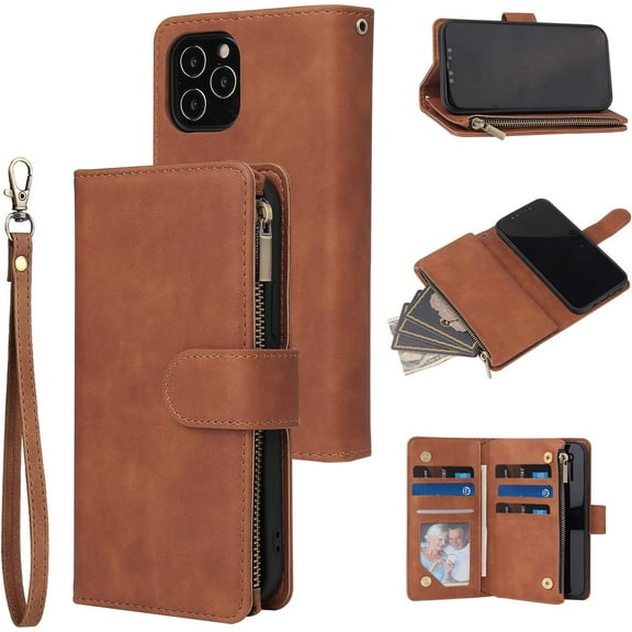 Wallet Case for iPhone 12 Mini 5.4 inch, Premium PU Leather Magnetic Closure Handbag Zipper Pocket Case Kickstand Card Slots with Hand Strap Shockproof Flip Case - Brown