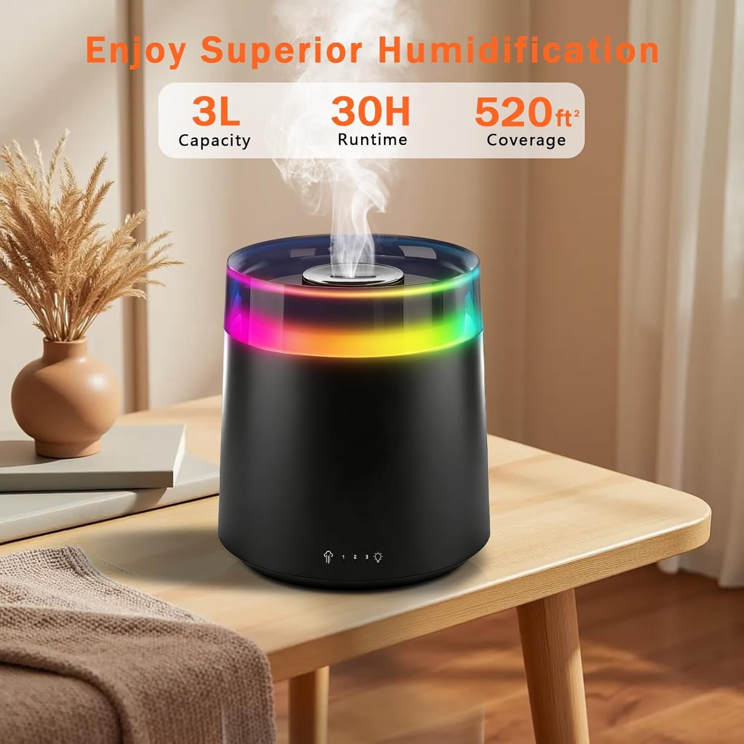 Humidifiers for Bedroom Home,3L Top Fill Cool Mist Humidifier for Baby Nursery,Essential Oil Diffuser for Large Room,3 in 1 uiet Ultrasonic Humidifier for,Office,Plant,Nursery,BPA (Black)