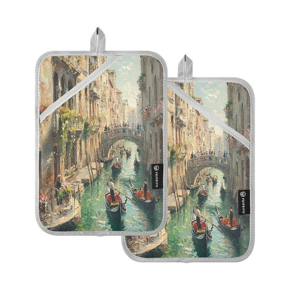 BZSMCE Pot Holder Oven Mitts Cooking baking Venetian Canalwith Green Water Painting Creative Pattern Size:7x9.8in
