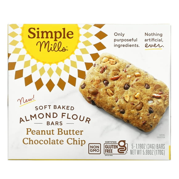 Simple Mills, Soft Baked Almond Flour Bars, Peanut Butter Chocolate Chip, 5 Bars, 1.19 oz (34 g) Each