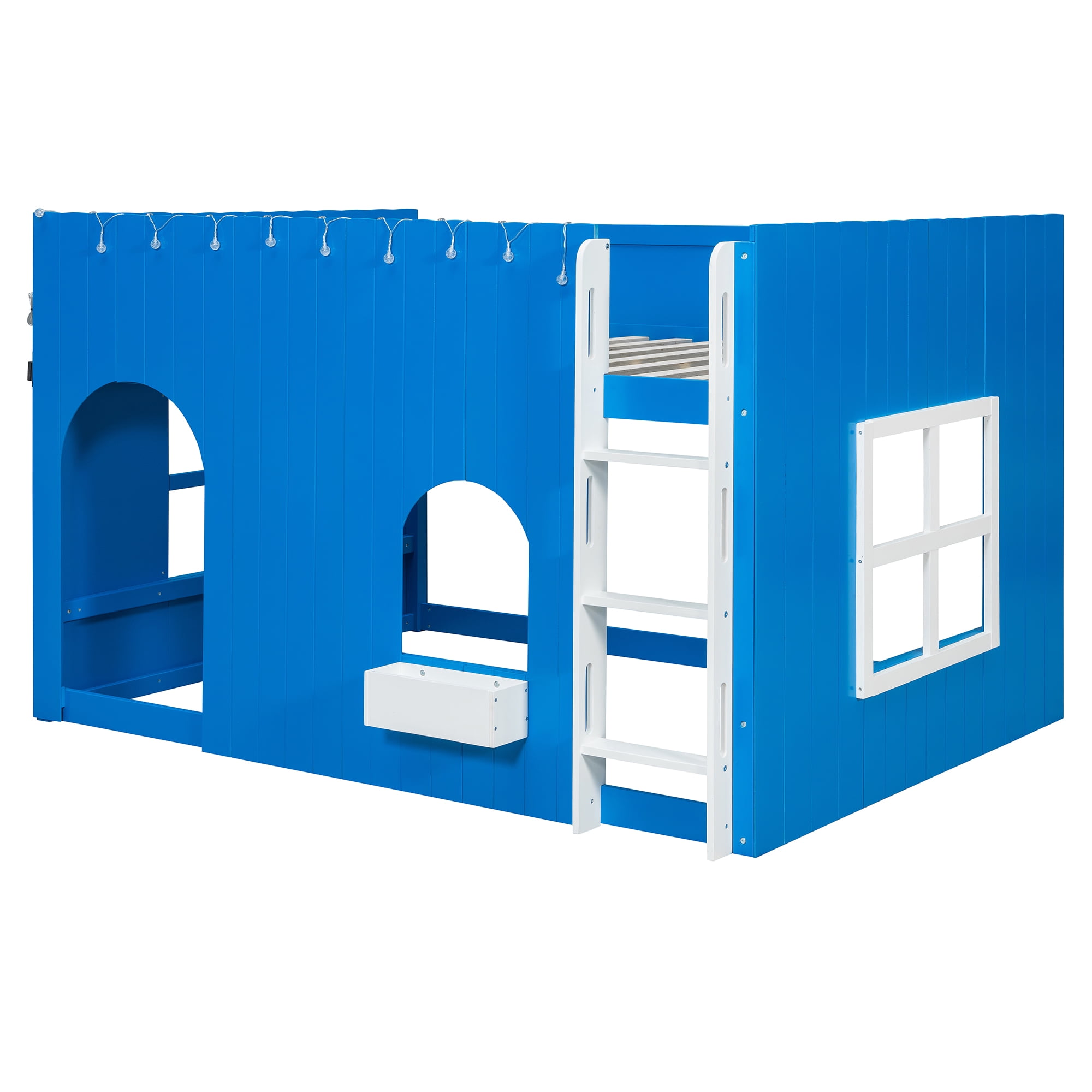Mintazer Full House Loft Bed with LED Lights, Kids Playhouse Bed with Ladder, Blue