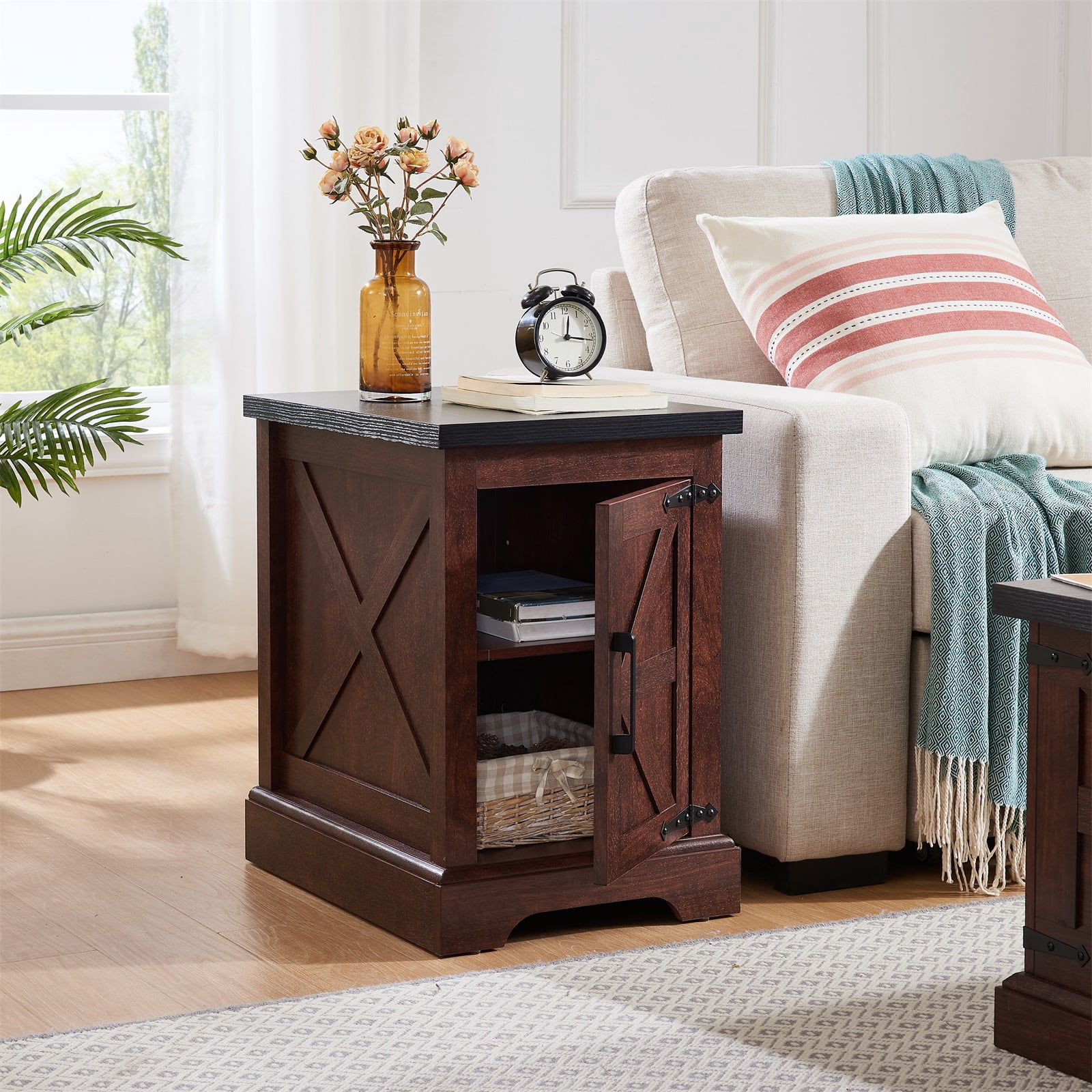 Hommoo Farmhouse End Table Nightstand with Barn Door and Adjustable Storage Shelf, Sofa Side Table for Living Room, Bedroom, Oak