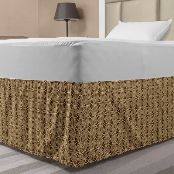 Abstract Bed Skirt, Illustration of Classical Geometric Formations in Monotone Earthy Tone, Elastic Bedskirt Dust Ruffle Wrap Around for Bedding Decor, 4 Sizes, Beige and Chocolate, by Ambesonne