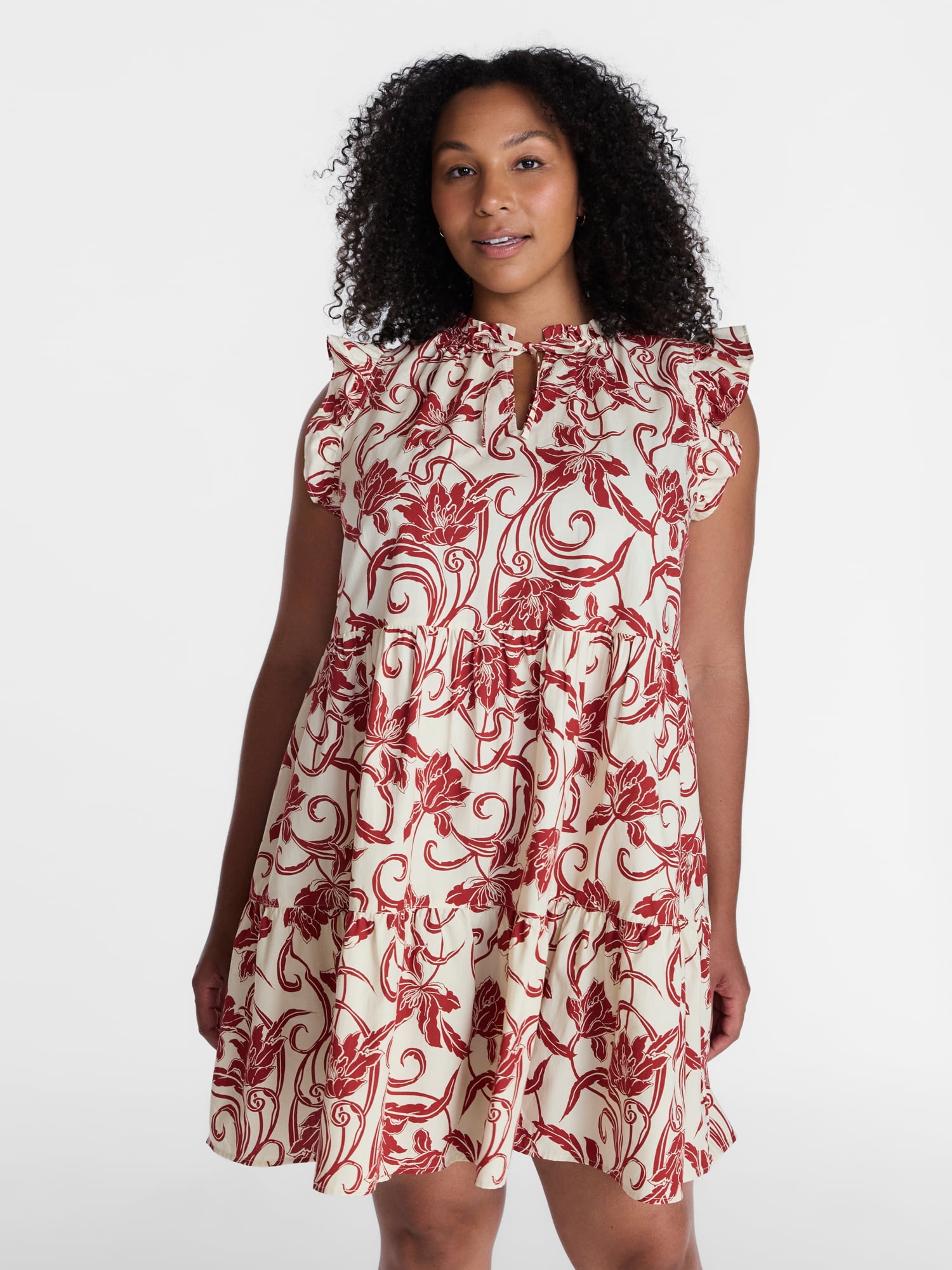 Time and Tru Women's and Women's Plus Tiered Cotton Mini Dress with Flutter Sleeves, Sizes XS-4X