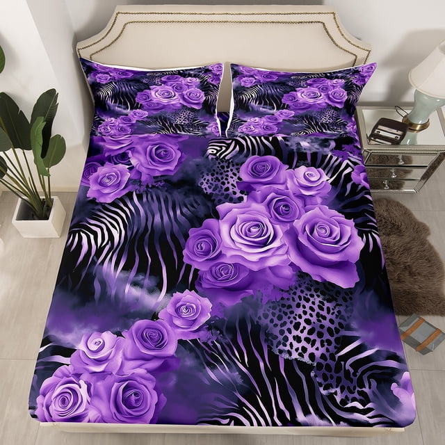 Erosebridal Ensemble de Drap-Housse Rose Rêveuse Violet pour Lit Simple, Housse de Lit à Thème Floral pour Filles Femmes, Respirant 2 Pcs
