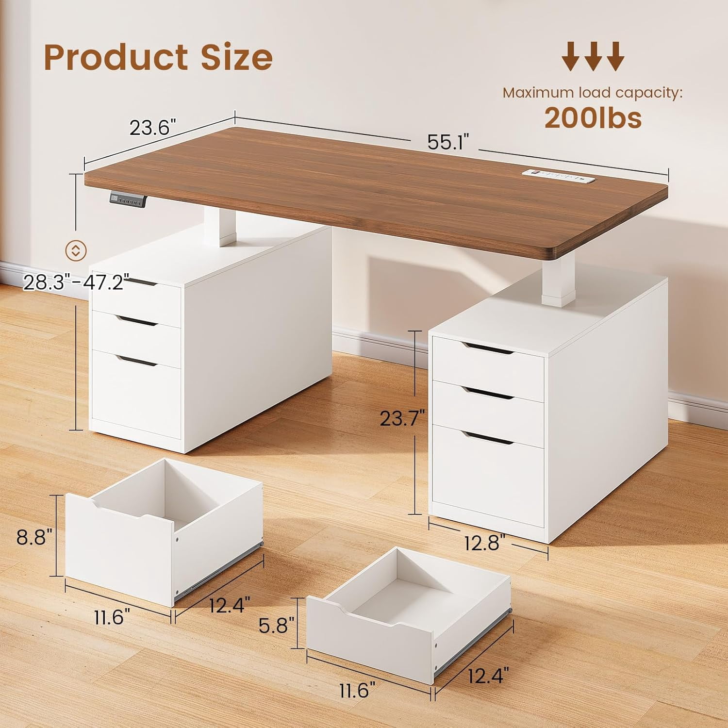 SEDETA 55" Electric Standing Desk with 6 Drawers, Adjustable Height Computer Desk with Power Outlets, Wood Corner stand Up Desk for Home Office, Large PC Workstation, White & Brown Top