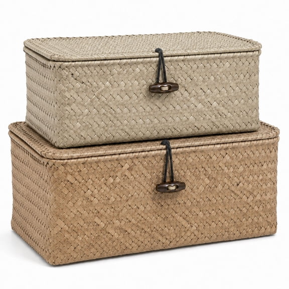 Set of 2 Wicker Storage Baskets with Lid, Handwoven Seagrass Baskets with Metal Frame, Decorative Organizer Bins for Bathroom, Kitchen, Pantry, Bedroom and Office