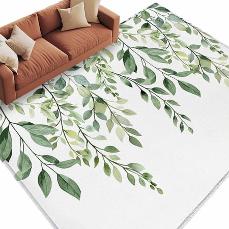 Rat Tailings Area Rug Green Plants Leaf Farmhouse Rectangular Non-Slip Absorbent Washable Area Rug Felt Rubber Backing Indoor Carpet for Bedroom Living Room 5x8ft