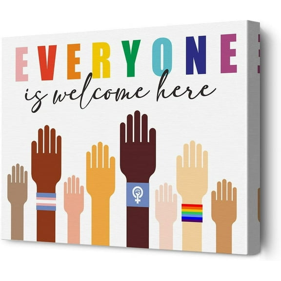 Novelty Inspirational Diversity Quote Everyone is Welcome Here Framed Canvas Wall Art, Colorful Print Paintings Poster, Perfect Wall Decor for Home Classroom Artwork Gift 5x10 Inch