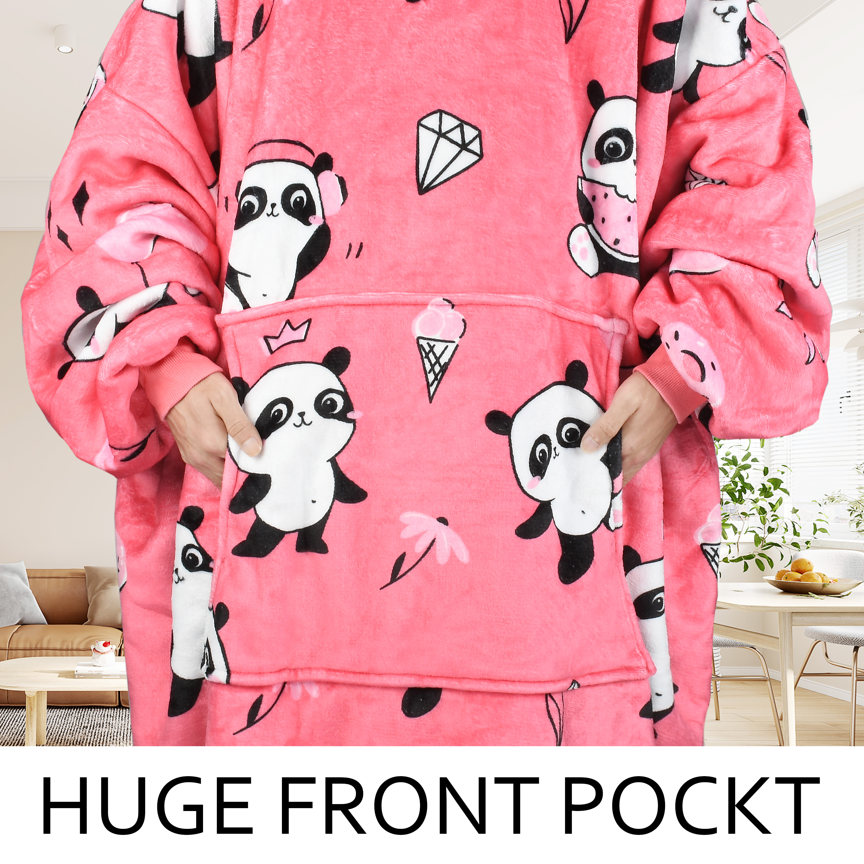 Catalonia Panda Print Oversized Hoodie Blanket Sweatshirt, Wearable Sherpa Giant Pullover for Adults Men Women Teenagers Wife Girlfriend Gift