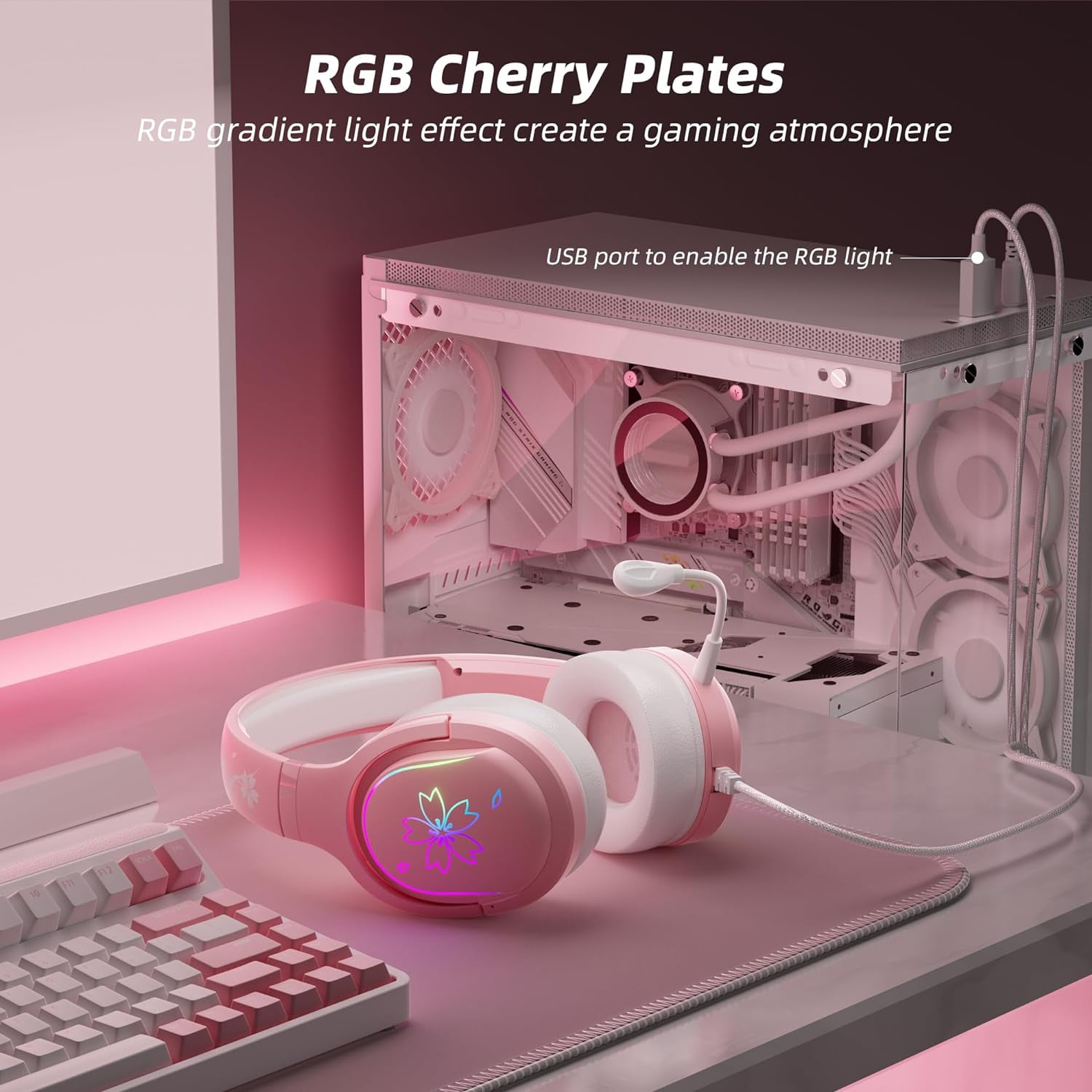 Cherry Blossom Stereo Gaming Headset for PS4/PS5/Xbox/PC/Mac/Switch, RGB Gradient Light Wired Gaming Headphones with Mic, Surround Sound Bass, Soft Memory Earmuffs for Kids & Girls/Women