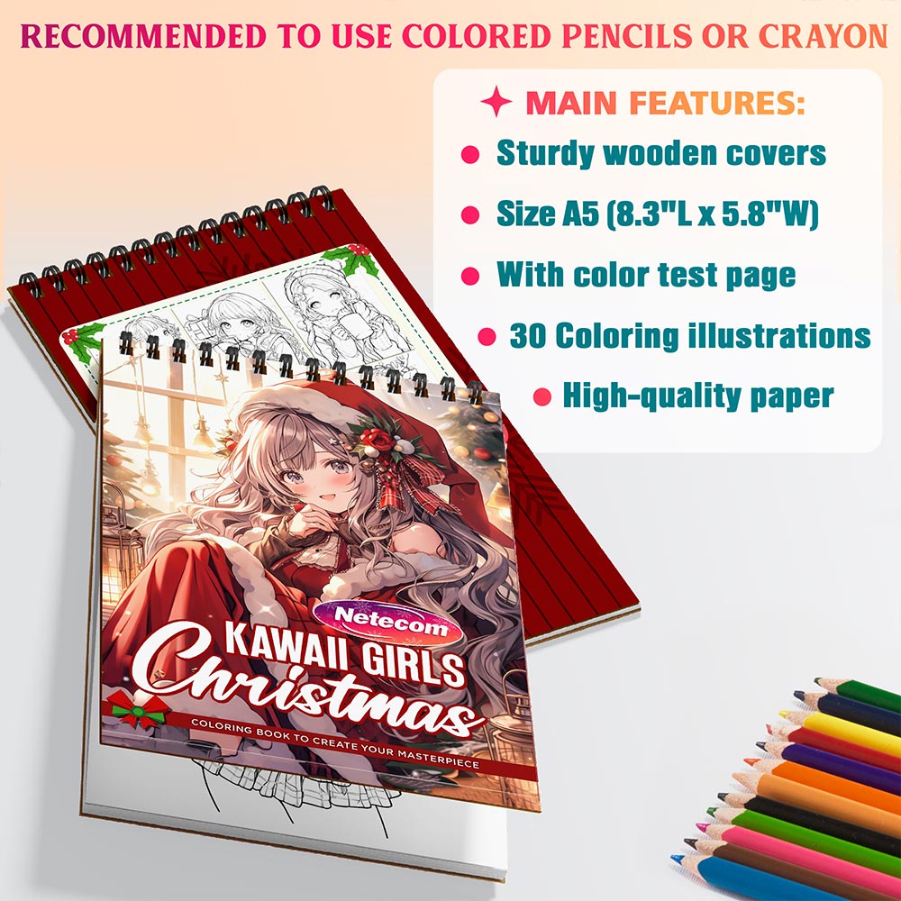 Netecom Kawaii Girls Christmas Coloring Book Spiral Bound for Adults, A5 Wooden Cover, 30 Joyful Coloring Pages of Anime Girls Enjoying the Xmas Holiday for Stress Relief and Relaxation
