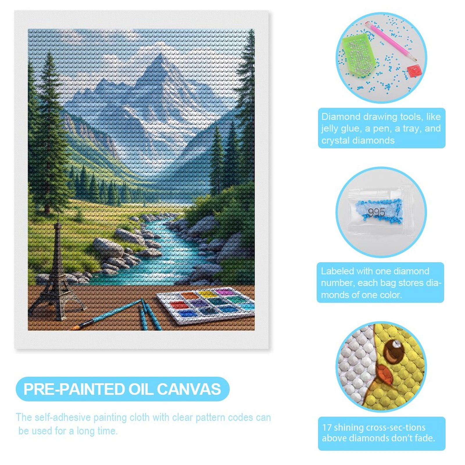 Diamond Art Kits for Adults, Eiffel Tower Painting Scenic Mountain Valley 5D Diamond Painting Kits for Adults Beginners, DIY Full Drill Diamond Painting, Gem Art and Crafts 12x16