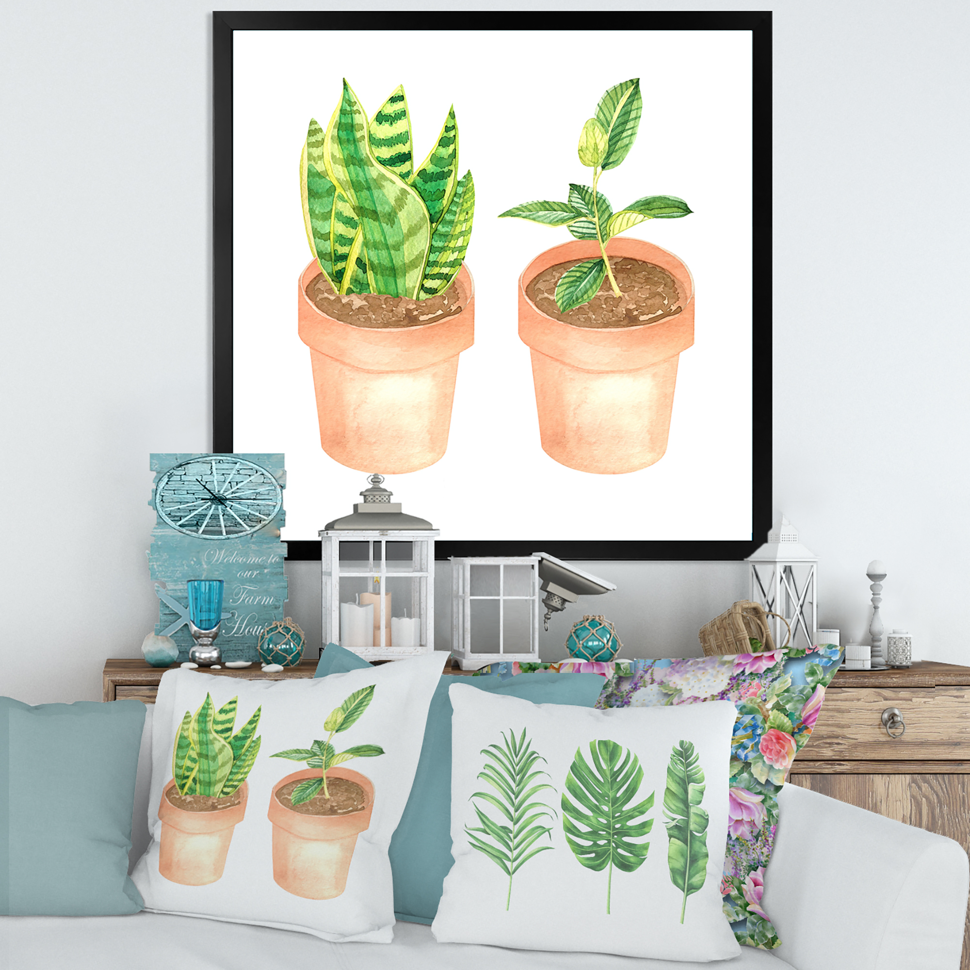 Designart 'Ficus and Sansevieria Indoor Green Home House Plants' Traditional Framed Art Print