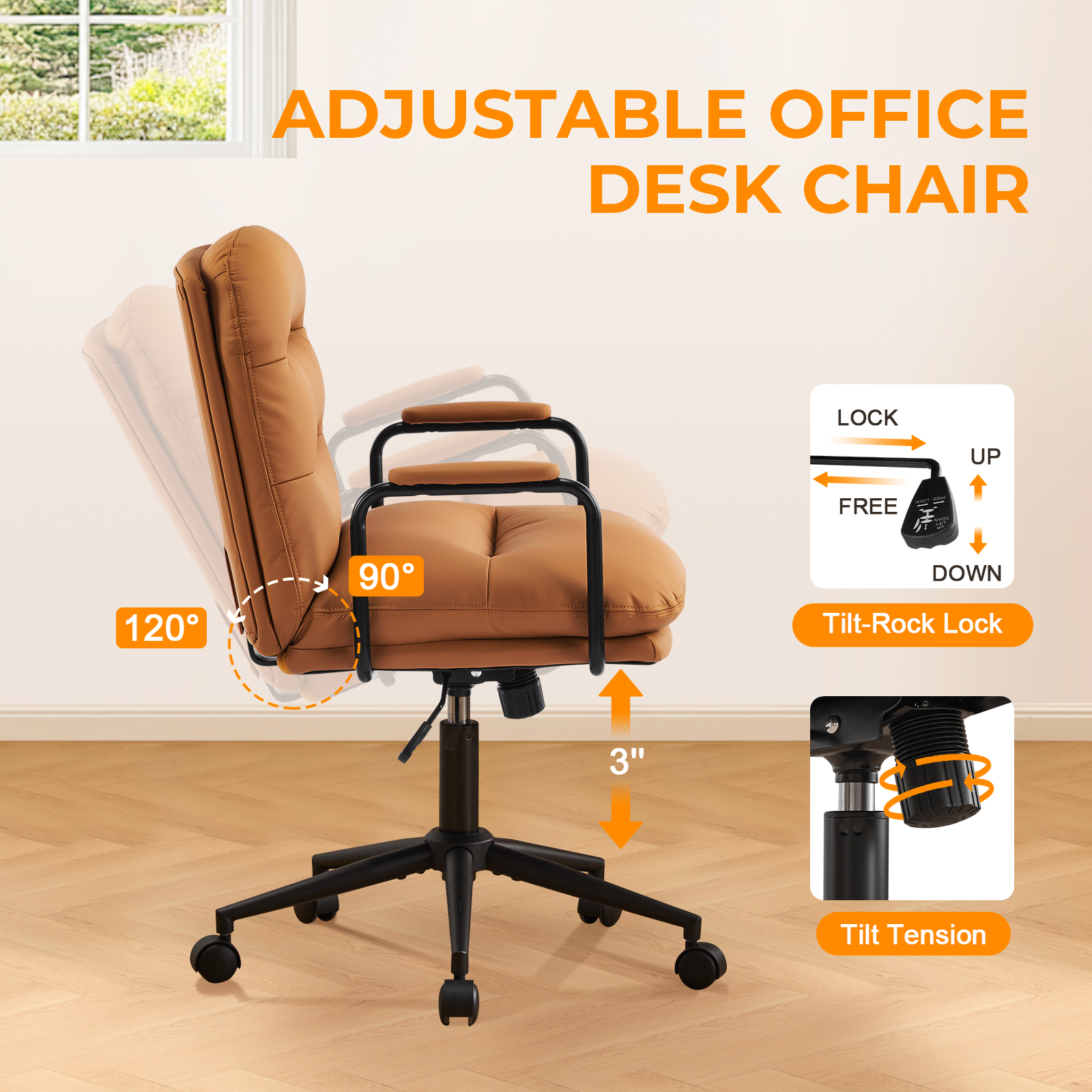 Falvinoryn Modern Office Chair, High Back Ergonomic Task Chair with Padded Armrests and Double Cushion, Swivel Home Office Desk Chair, Faux Leather Executive Armchair for Home, Bedroom (Brown)