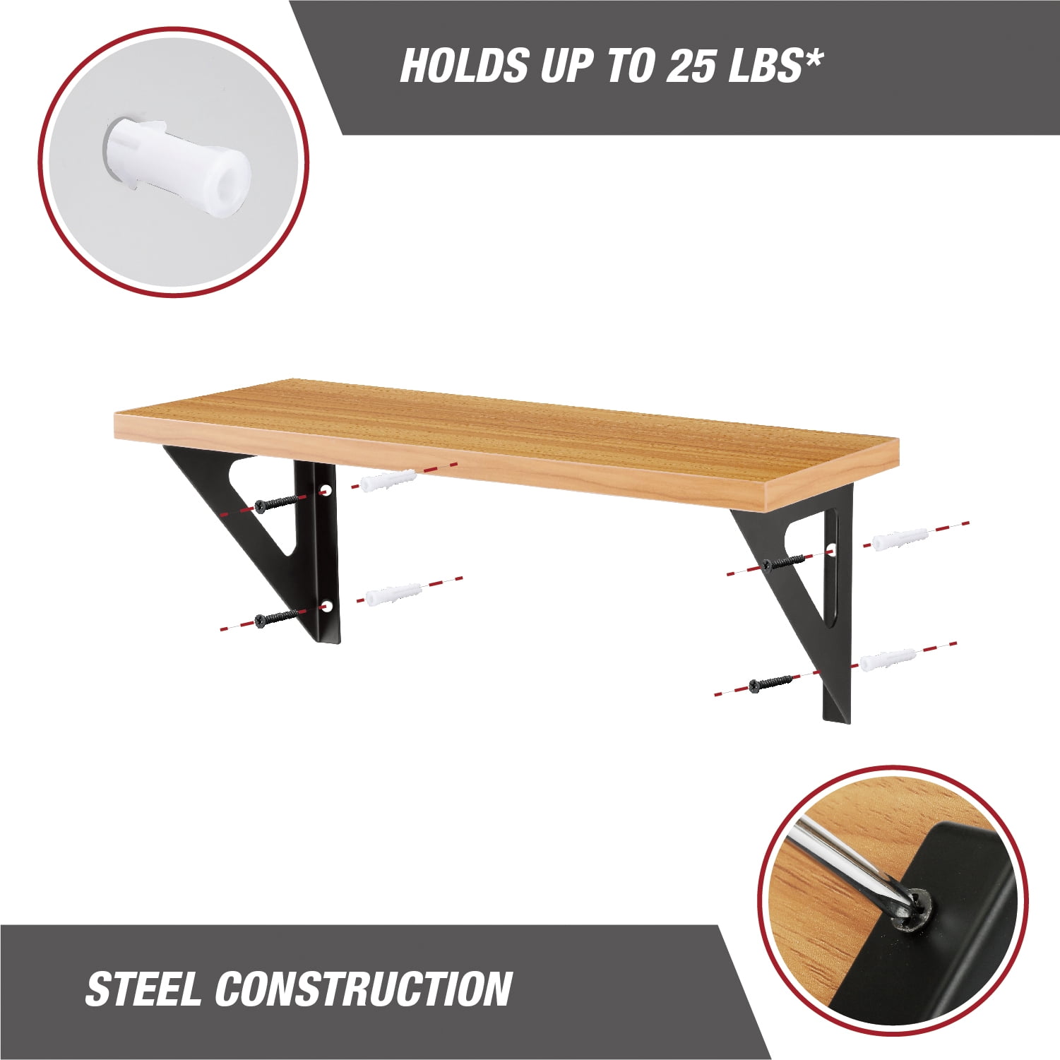 Hyper Tough Brown Shelf Kit with Brackets and Mounting Hardware, 15-3/4" x 6"