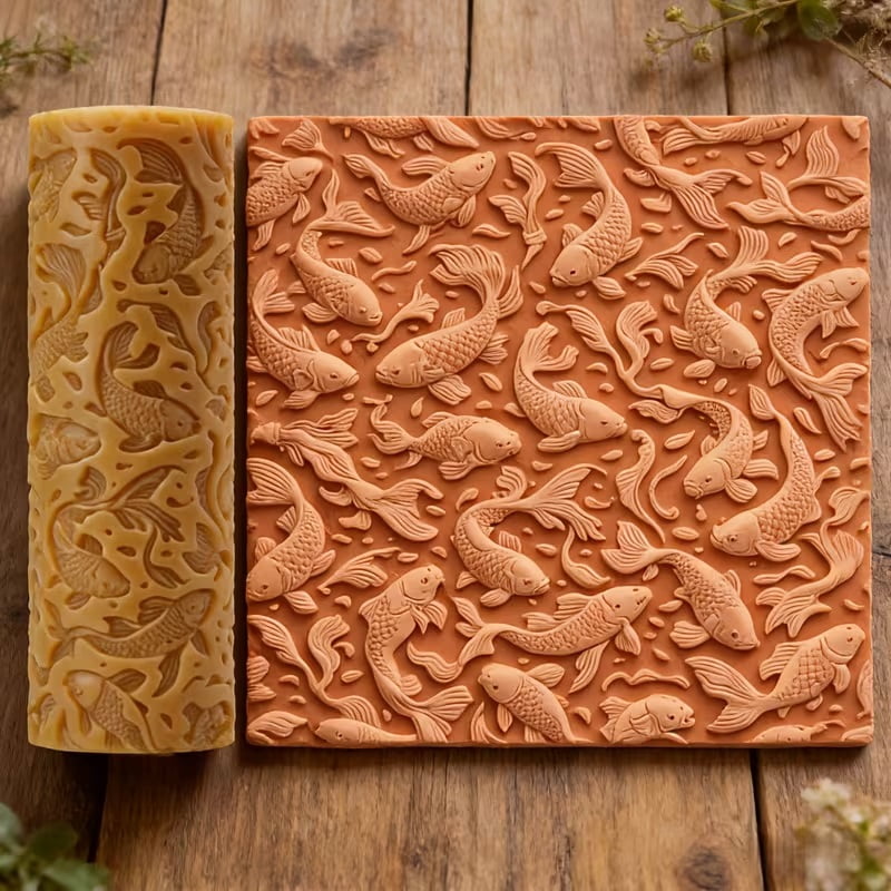 Koi Textured Embossed Polymer Clay Roller  A must-have texturing tool for ceramic sculptures