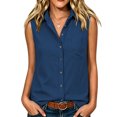 thumbnail image 6 of Women's Sleeveless Button Down Collared V Neck Blouse With Chest Pocket Solid Color Tank Top Casual Summer Work Office Outfits | CSEONE,Navy L, 6 of 9