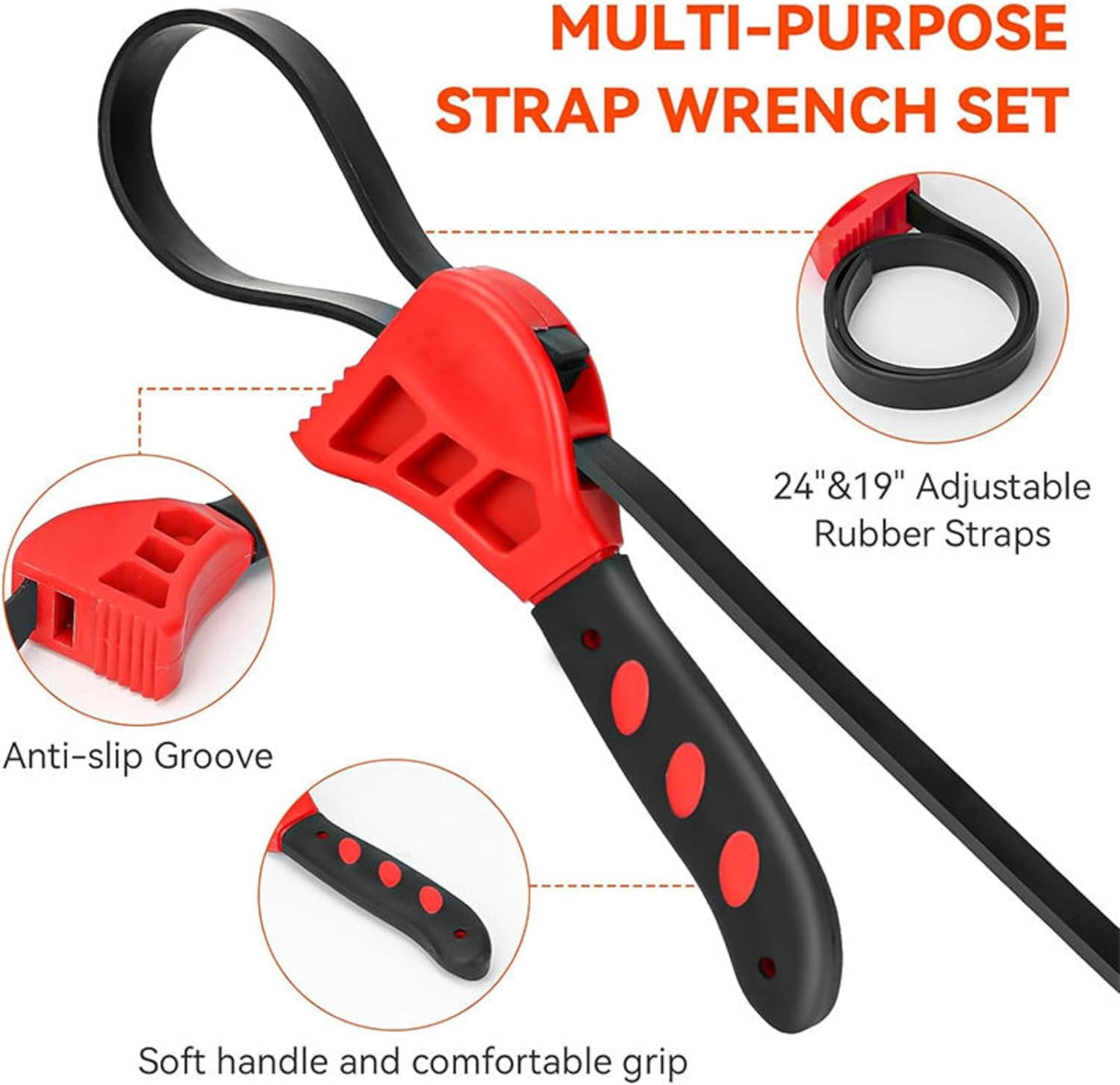 MKEUDQ-2-Pack Adjustable Rubber Strap Wrench Set \u2013 25.20" & 20.48" Heavy-Duty Strap Wrench for Oil Filter, Jar Opener, Water Filter, Plumbing, Sink, Faucet \u2013 Non-Slip Multipurpose Wrench To