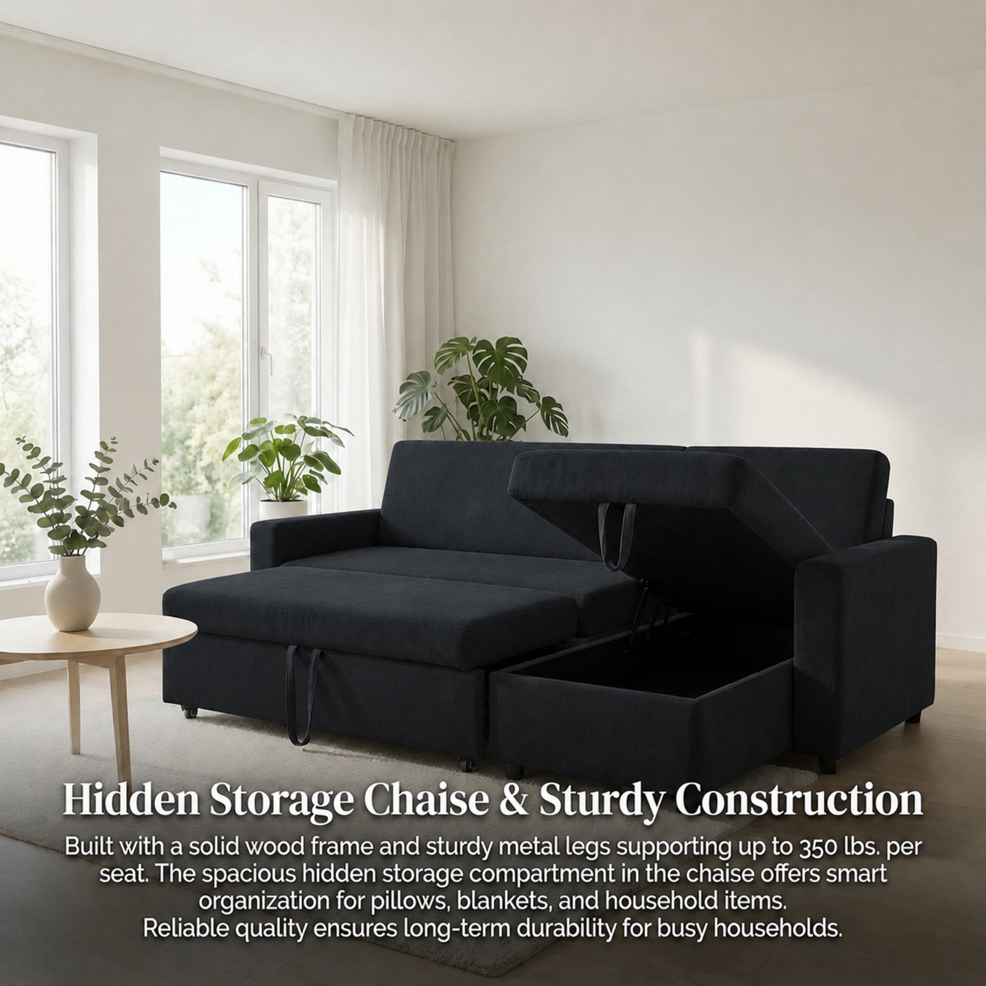 TiramisuBest L-Shaped Convertible Sofa Bed with Reversible & Storage Chaise,84"W Fluffy Flannel Sectional Sleeper for Living Room,Black