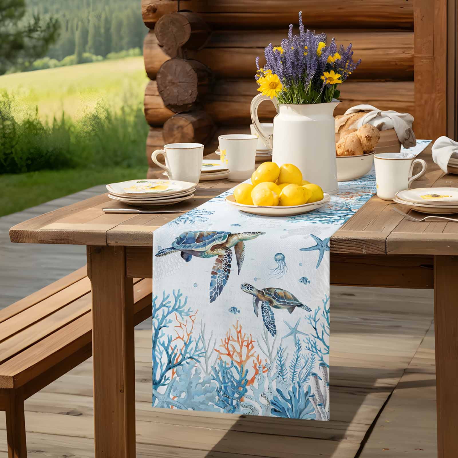 Sea ​​turtle Ocean Blue Coral Table Runner 90 Inches Long, Starfish Jellyfish Underwater World Table Runners Tabletop Scarf Kitchen Dining Tables Decoration for Home Party Indoor Outdoor
