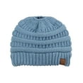 thumbnail image 2 of C.C BeanieTail Soft Stretch Cable Knit Messy High Bun Ponytail Beanie Hat, Denim, 2 of 3