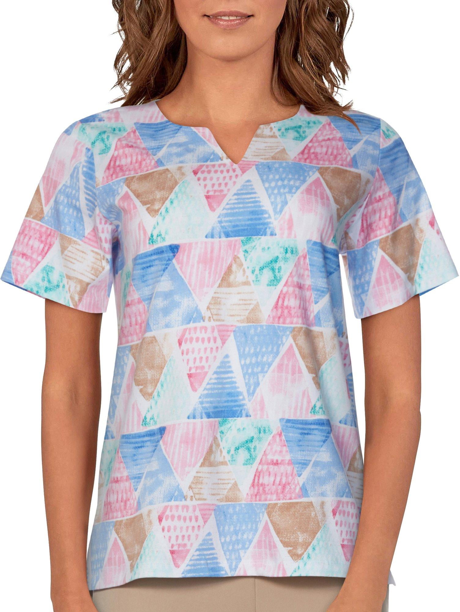 Alfred Dunner Womens Palo Alto Geometric Watercolor Print 3/4 Sleeve Top 