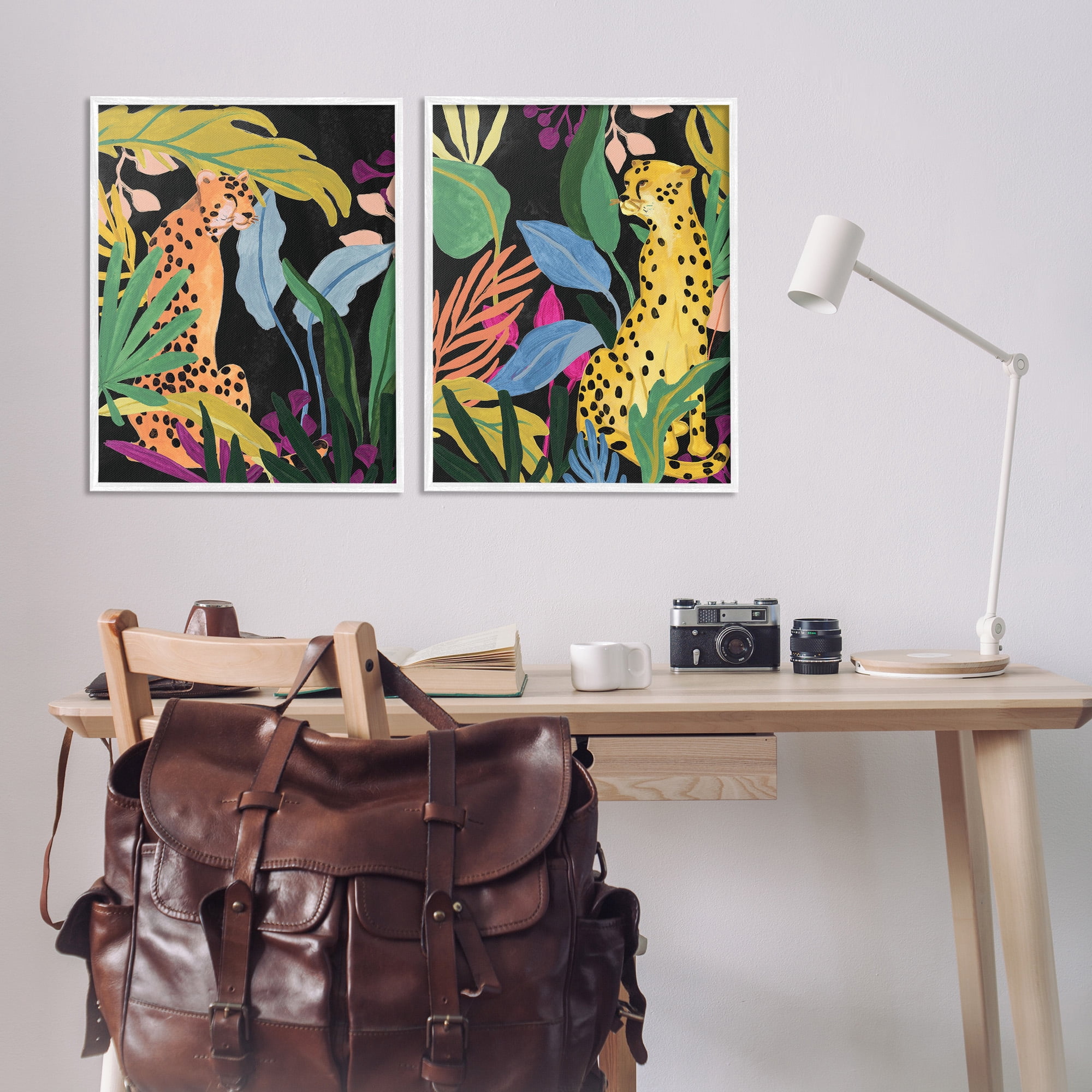 Stupell Industries Leopards & Tropical Leaves Animals & Insects Painting White Framed Art Print Wall Art, 24 x 30, Set of 2