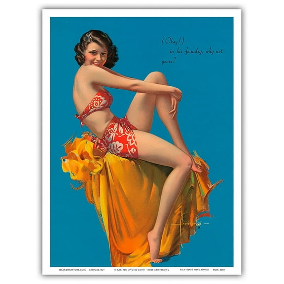 O Kay! - Hawaiian Pin Up Glamour Girl - Vintage Pin Up Girl Print by Rolf Armstrong c.1937 - Master Art Print (Unframed) 9in x 12in