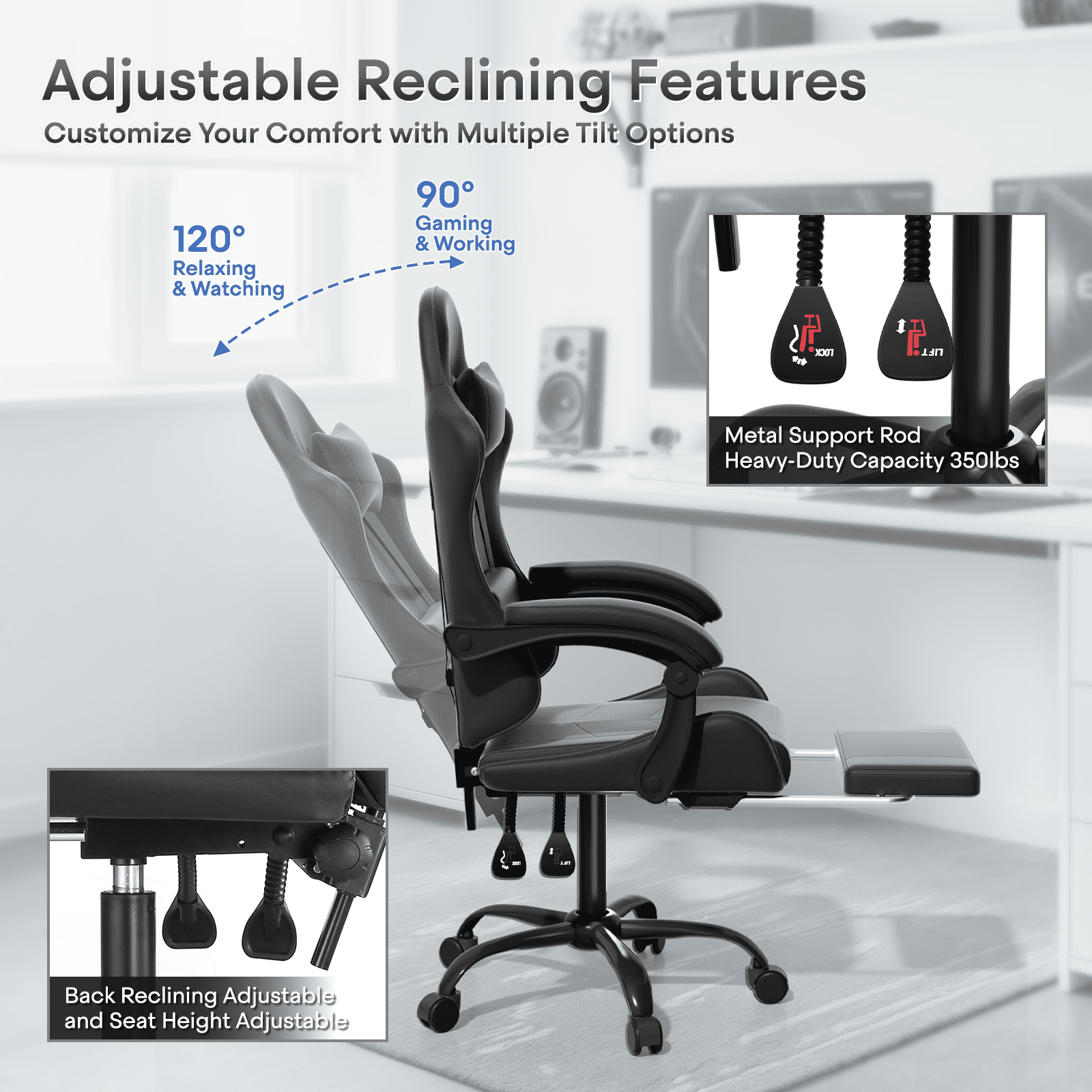 OSM Gaming Chair with Footrest & Headrest, High-Back Ergonomic Computer Desk Chair - Adjustable Lumbar Support, Reclining Office Chair for Adults, 350lbs, Black