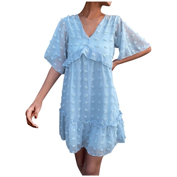 Womens 2022 Summer Dresses Ruffle Layer Elegant Boho Mini Short Dress Sexy Short Sleeve Loose Flowy Skater Dress