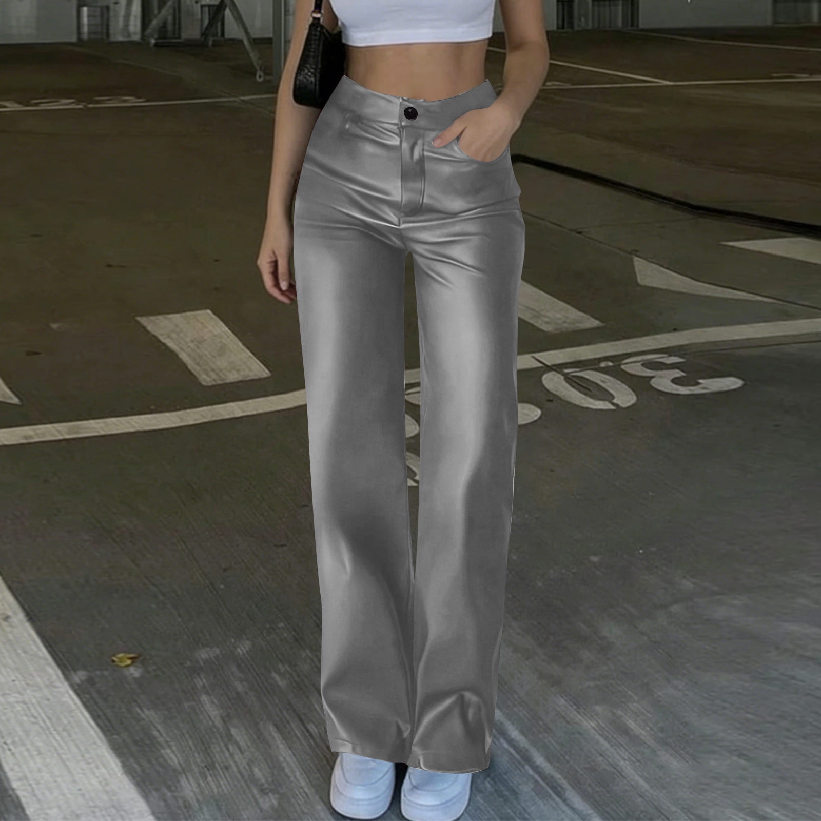 Moxiu Women's Casual Faux Leather Straight Leg Trousers High Waisted Button Elastic Loose Pants for Party Club Date Night Gray,XL