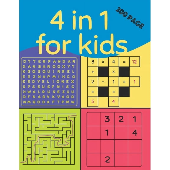 4 in 1 for Kids (200 Page): kids wordsearch books age 7-8 yrs, smart games iq , wordsearch junior, easy sudoku puzzle books for kids, teach kids m