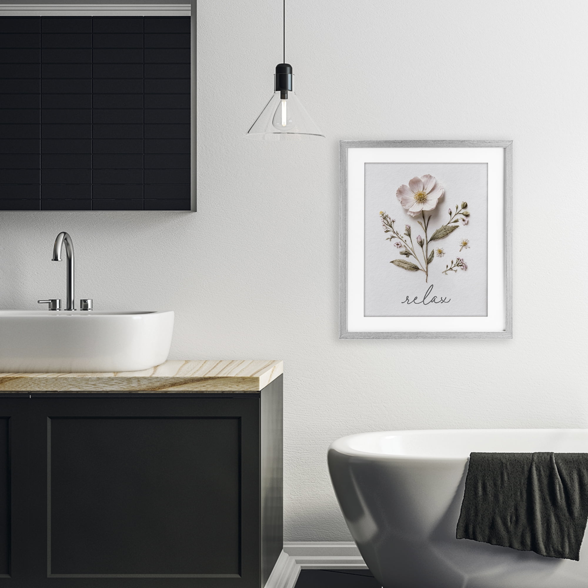 Pressed Flowers Relax Gray Framed Print Under Glass, design by Lettered and Lined
